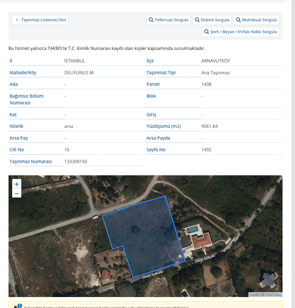 TAKBİS arsa kayıt ekranı — Arnavutköy Deliyunus Mahallesi, 9061 m² arsa